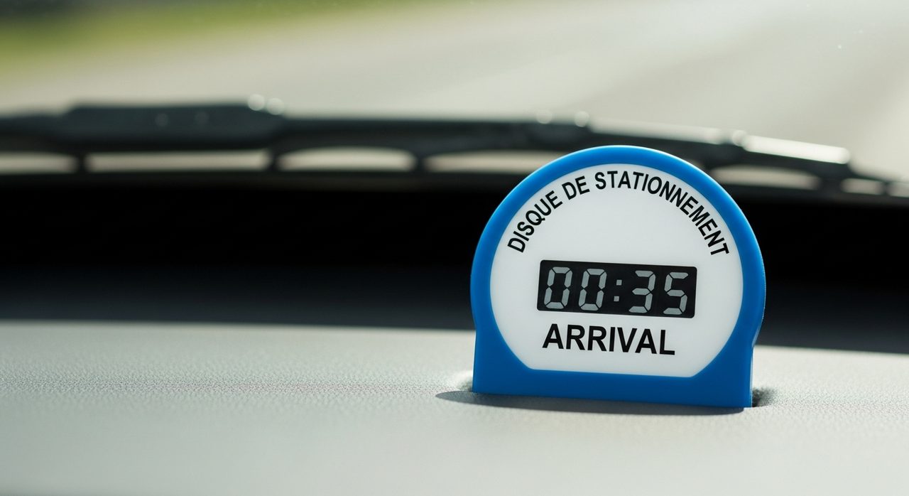 Disque de stationnement européen placé derrière le pare-brise d'une voiture en zone bleue