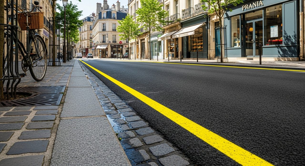 Marquage au sol jaune le long d'un trottoir français interdisant le stationnement