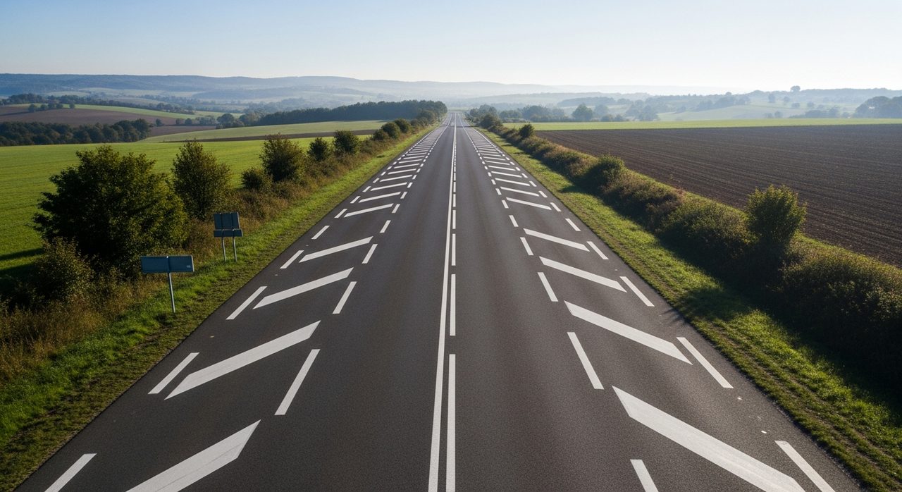 Marquage au sol par bandes blanches sur une route francaise