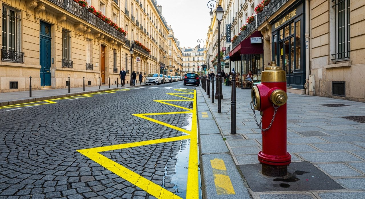 Marquage au sol indiquant un stationnement interdit en zone urbaine francaise