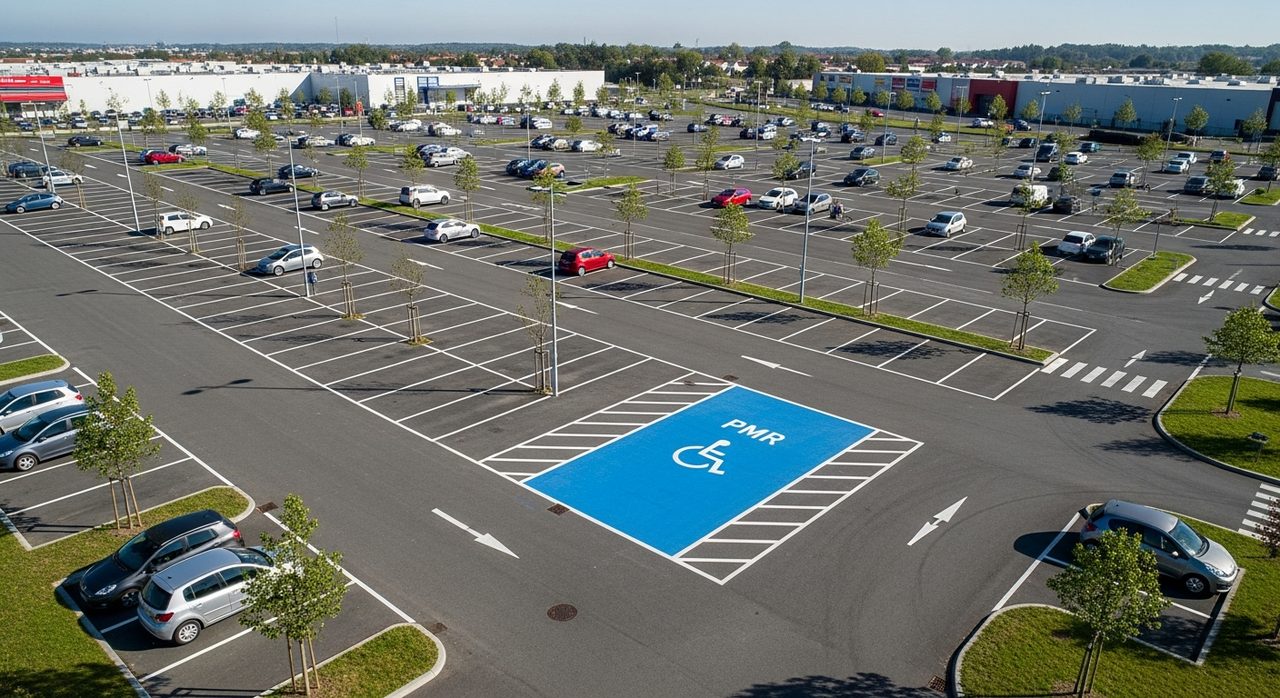 Vue aérienne d'un grand parking avec places de stationnement marquées en blanc, espaces PMR et sens de circulation