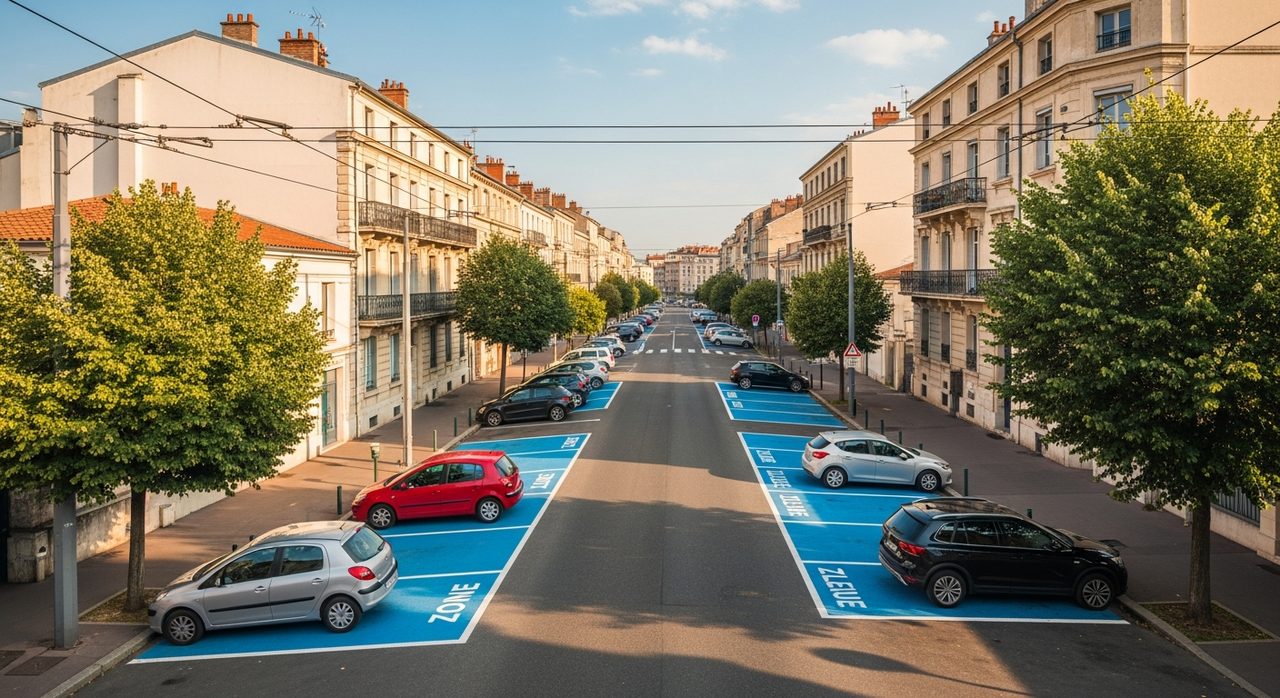 Zone bleue de stationnement avec marquage au sol bleu en ville