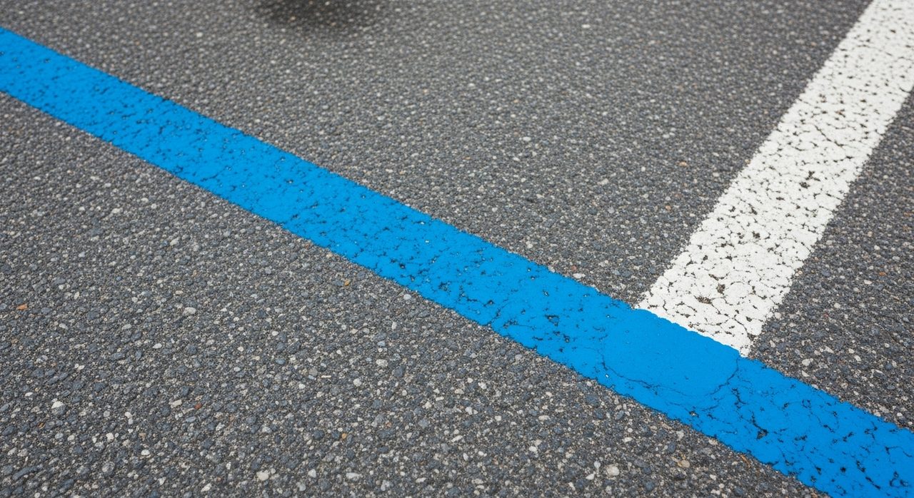 Ligne bleue peinte au sol pour matérialiser une zone de stationnement réglementé