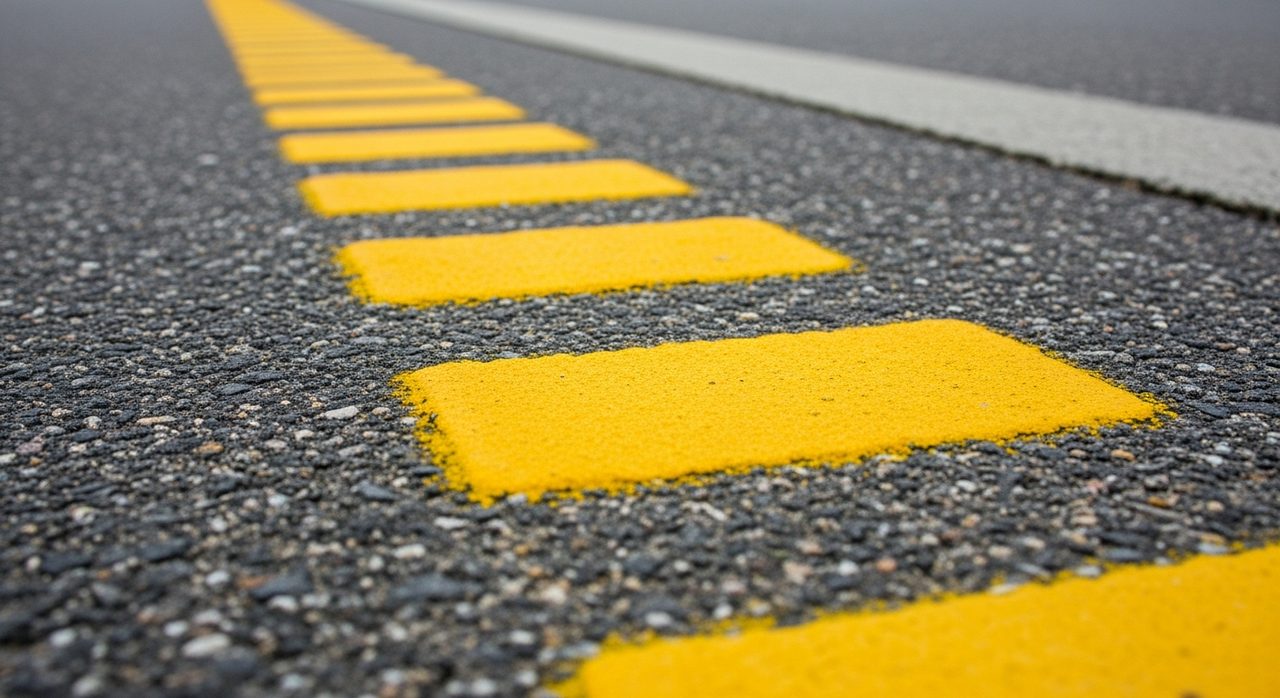 Ligne jaune discontinue (pointillés) peinte le long d'un trottoir