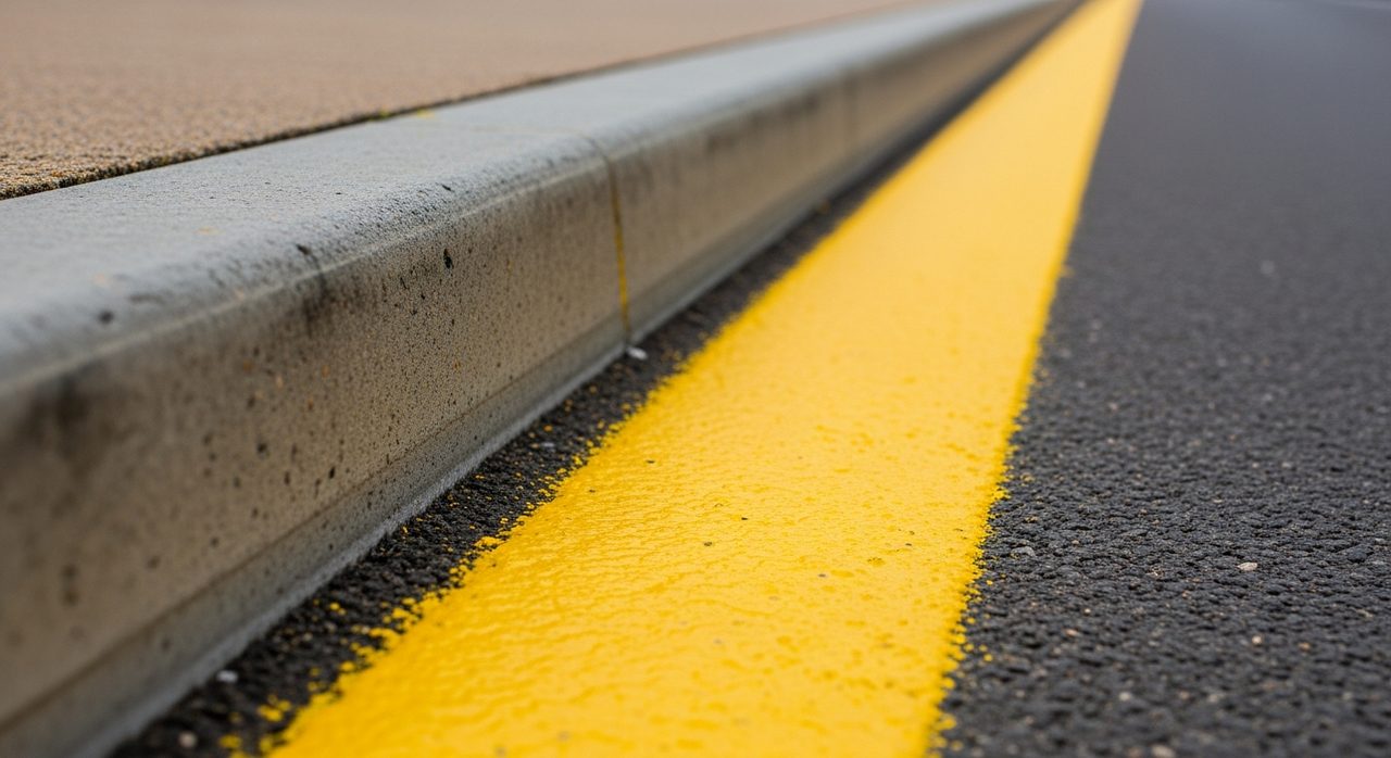 Ligne jaune continue au sol le long d'un trottoir
