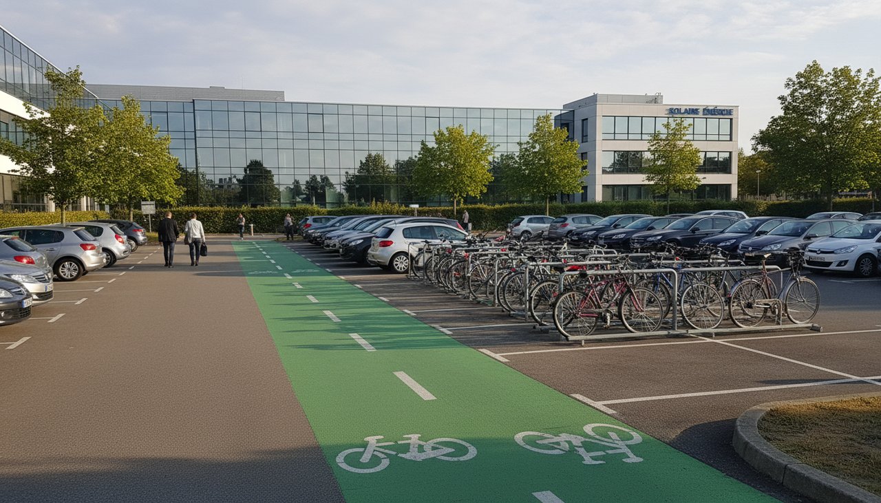 Voie cyclable peinte en vert sur un parking d entreprise avec velos en arriere plan