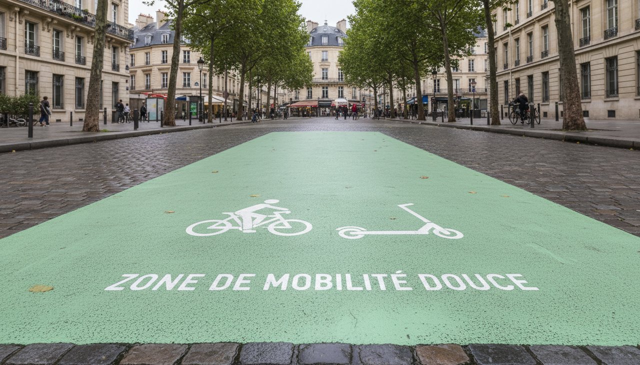 Marquage vert au sol indiquant une zone de circulation douce avec pictogramme velo et trottinette