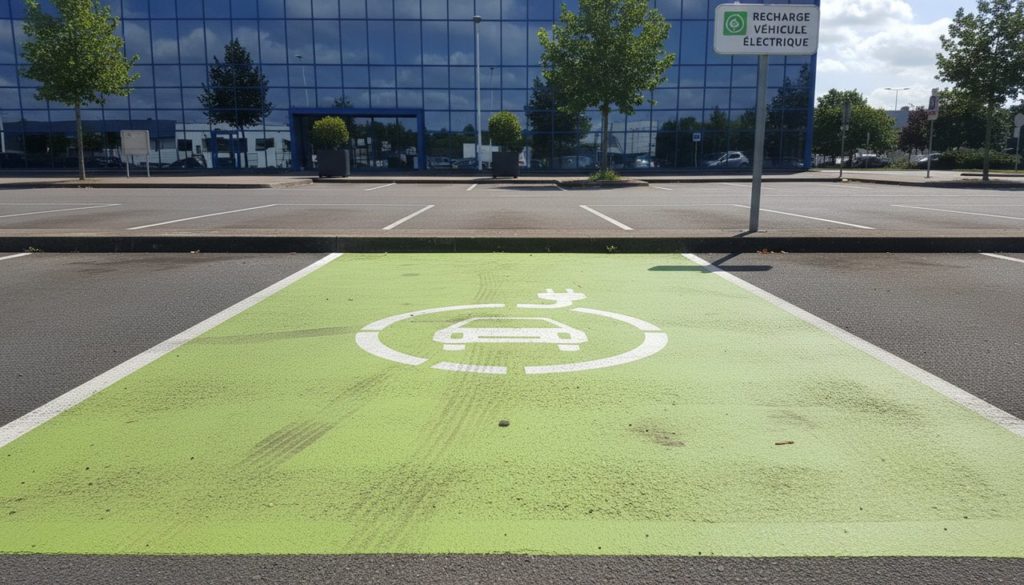 Place de stationnement avec marquage au sol peint en vert et symbole de prise pour vehicule electrique