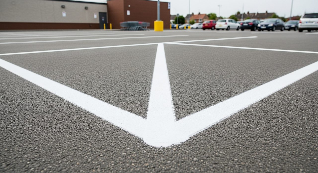 Deux places de parking marquées en blanc sur une surface grise avec dimensions claires visibles