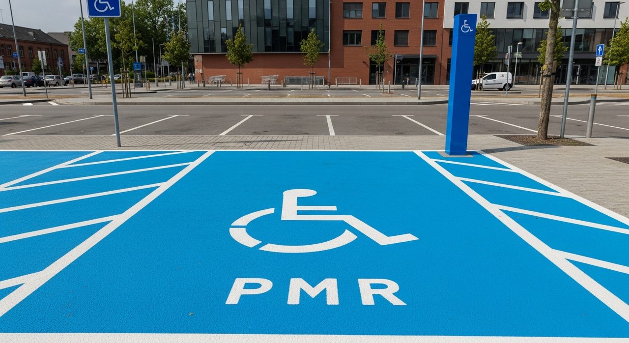 Place de parking PMR avec marquage bleu et pictogramme fauteuil roulant