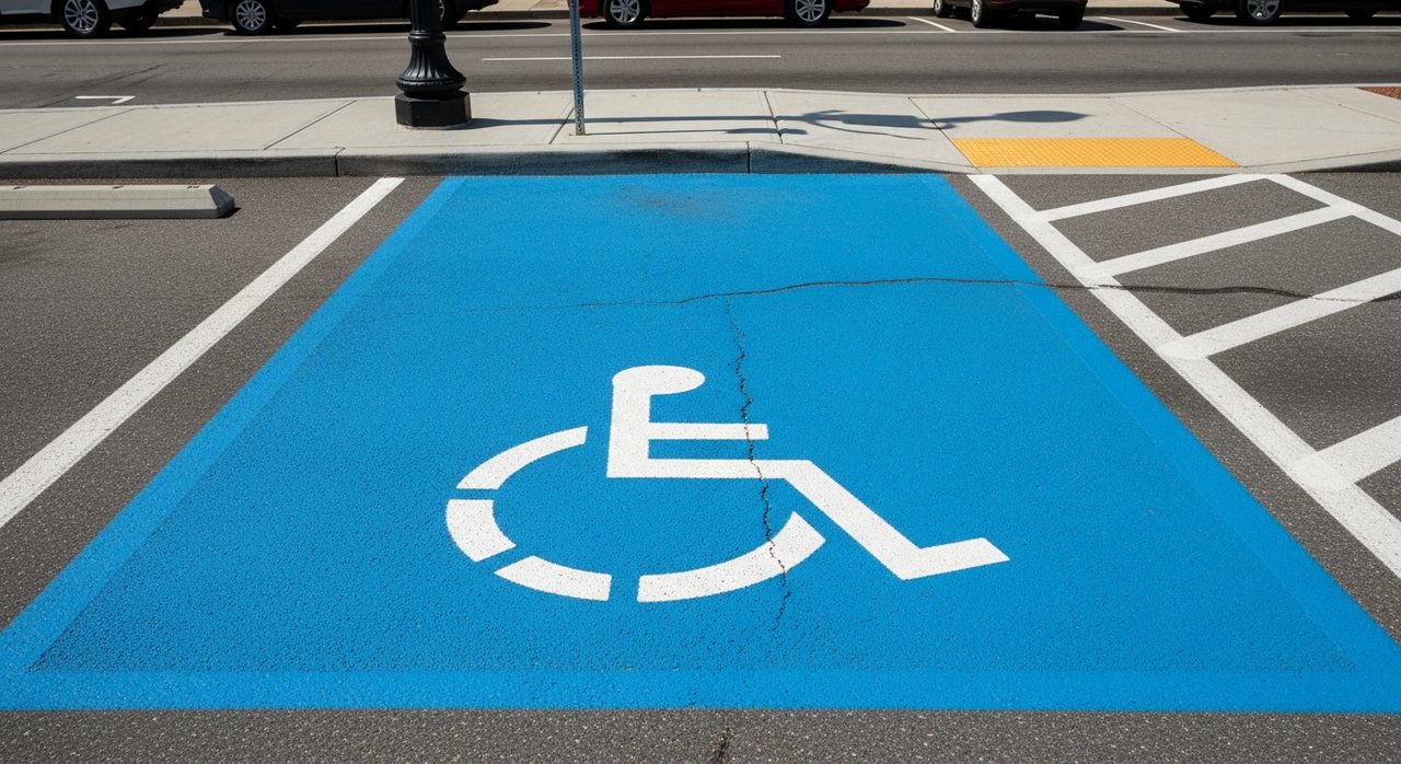 Place de stationnement PMR avec marquage bleu et pictogramme fauteuil roulant