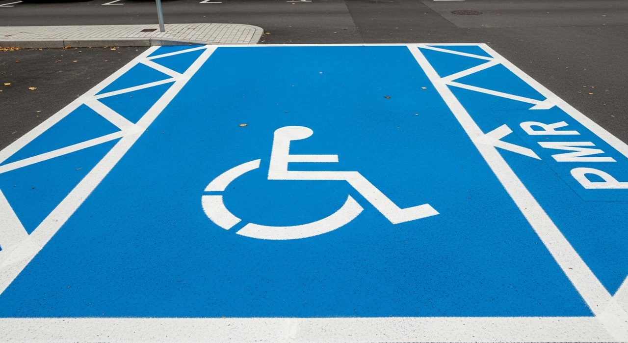 Place PMR marquée entièrement en bleu avec pictogramme blanc fauteuil roulant
