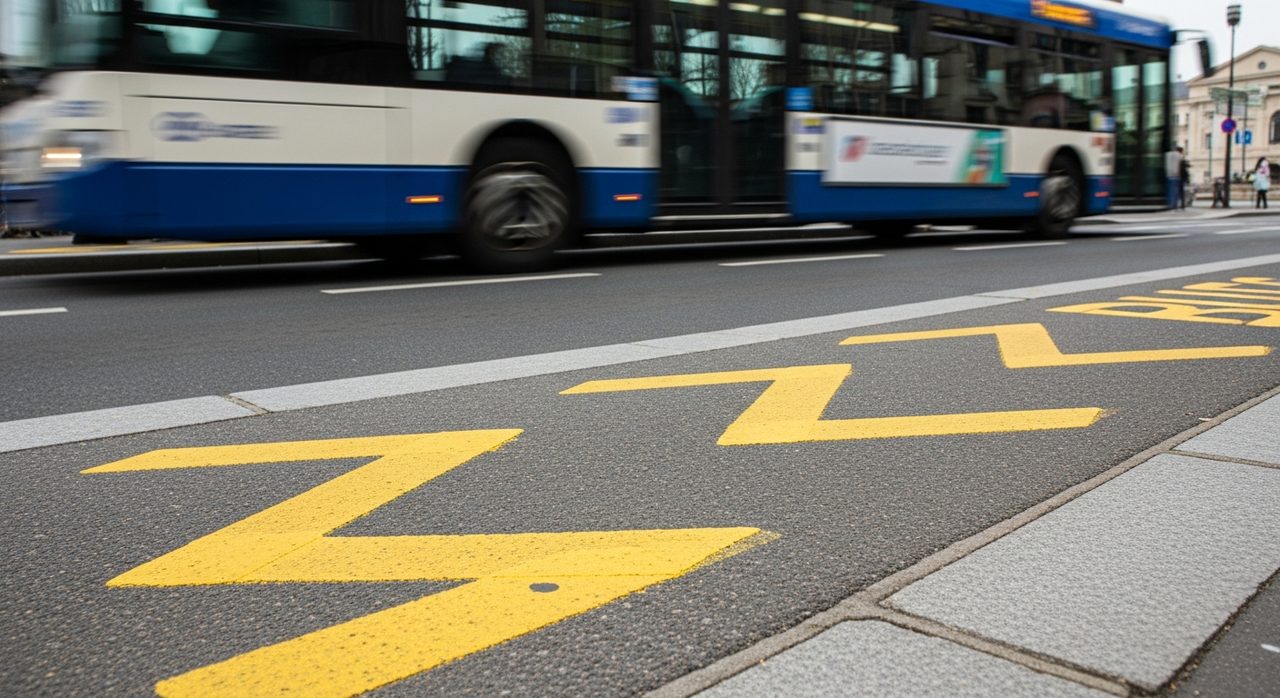 Marquage au sol en zigzag jaune signalant un arrêt de bus
