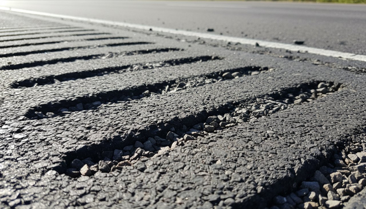 Détail des stries fraisées d'une bande rugueuse en bordure d'autoroute