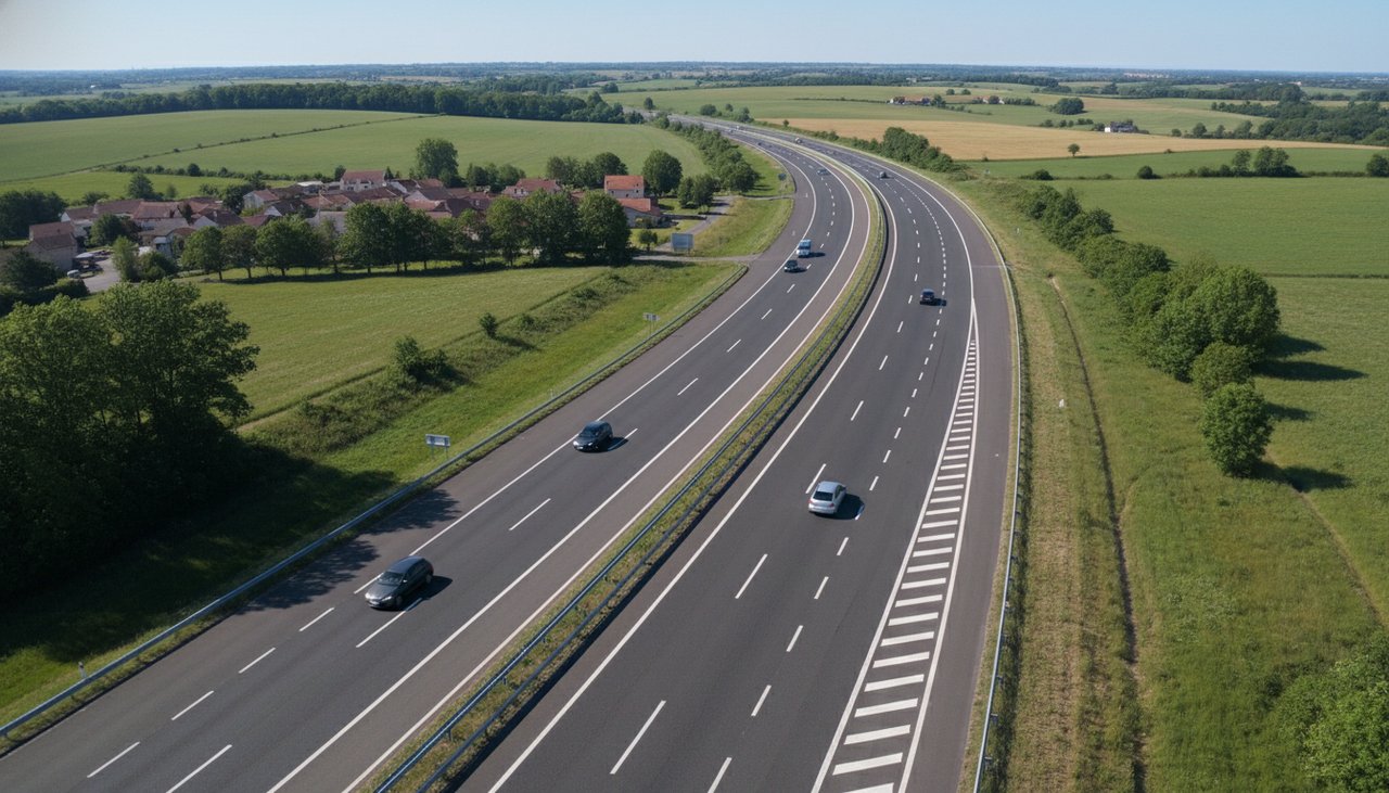 Vue aérienne d'une autoroute avec bandes rugueuses sur la ligne de rive