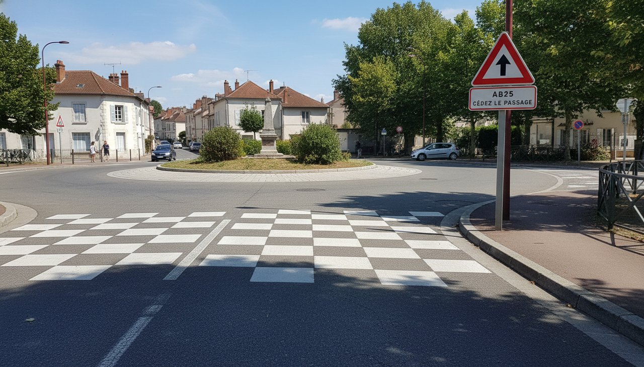 Vue d'une entrée de carrefour giratoire avec ligne de cession de passage en pointillés et panneau AB25