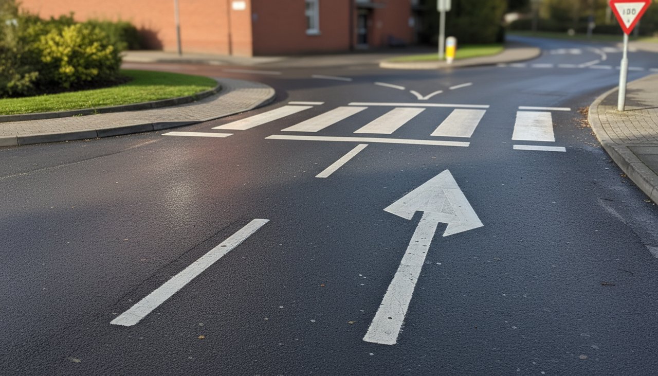Vue rapprochée d'une voie de sortie de giratoire avec flèches directionnelles blanches et passage piéton zébré