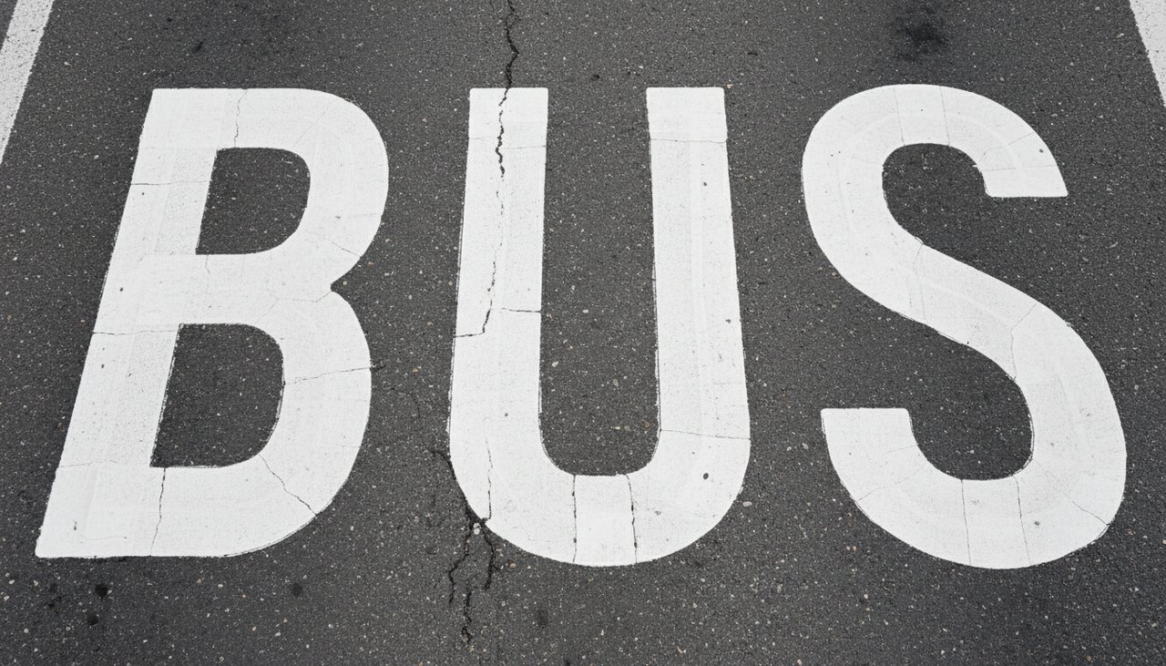 Inscription BUS peinte au sol en lettres blanches sur une voie urbaine