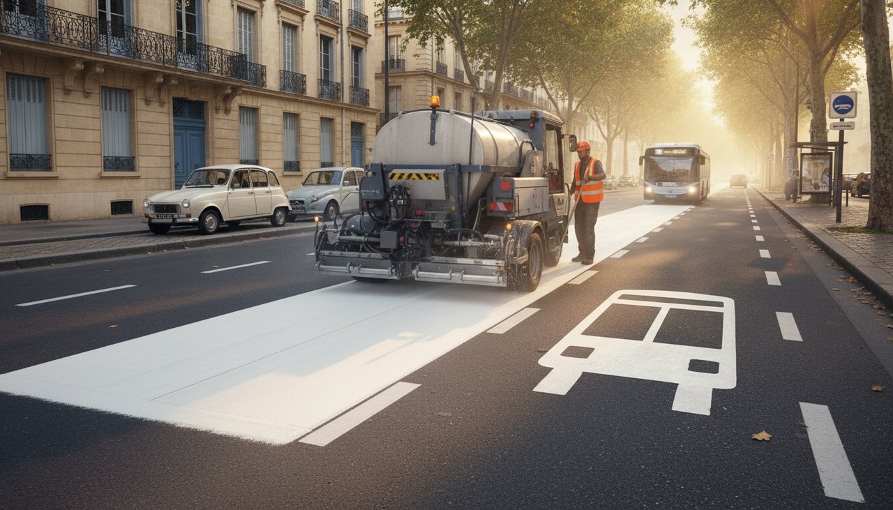 Application de peinture routière fraîche pour signalisation horizontale d'une voie de bus