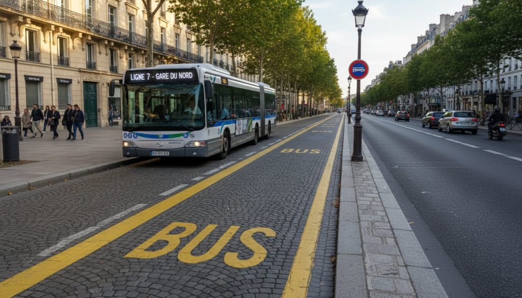 Voie de bus dédiée avec marquage au sol jaune et inscription BUS sur une artère urbaine