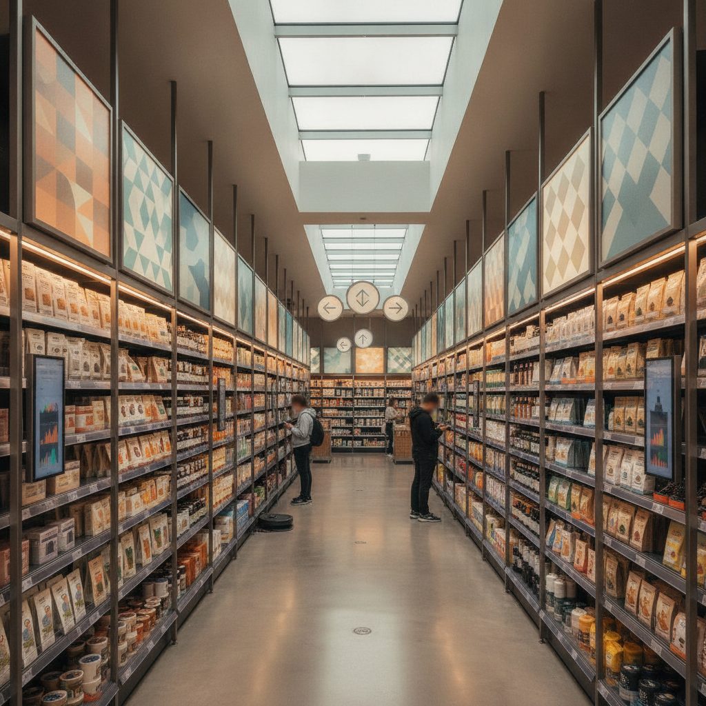 Signalétique magasin : allée avec présentoirs et panneaux directionnels professionnels