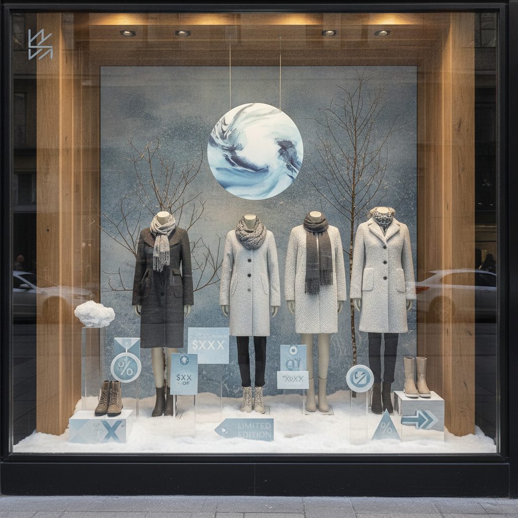 Vitrine de magasin avec affichage PLV et signalétique promotionnelle professionnelle