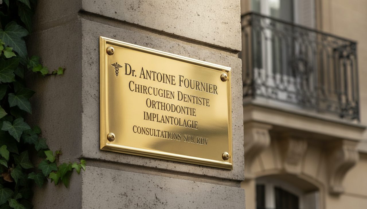 Plaque signalétique professionnelle en laiton gravé fixée sur la façade d'un cabinet