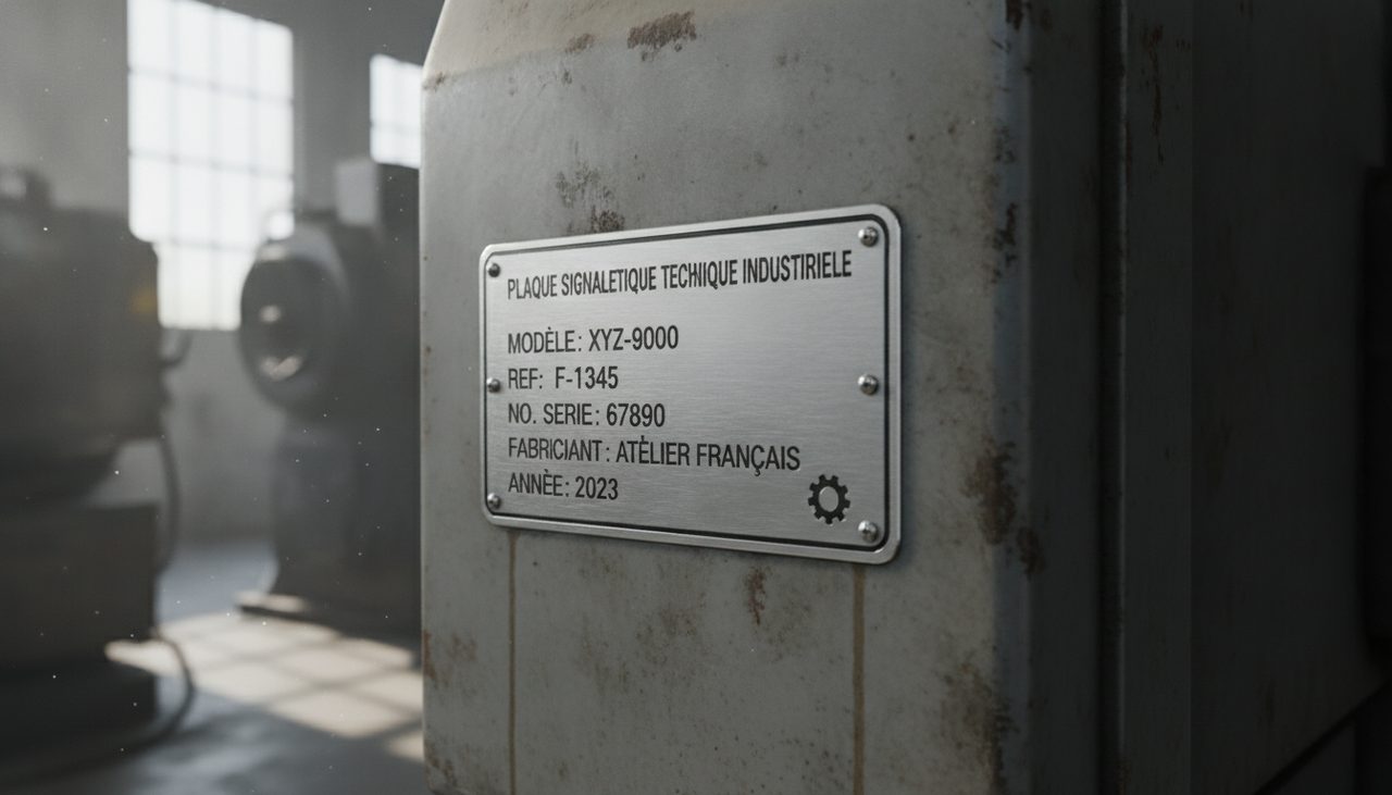 Plaque signalétique technique en aluminium gravée fixée sur une machine industrielle