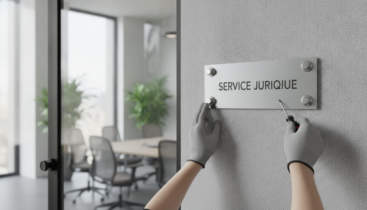Pose d'une plaque signalétique avec entretoises décoratives sur un mur de bureau moderne