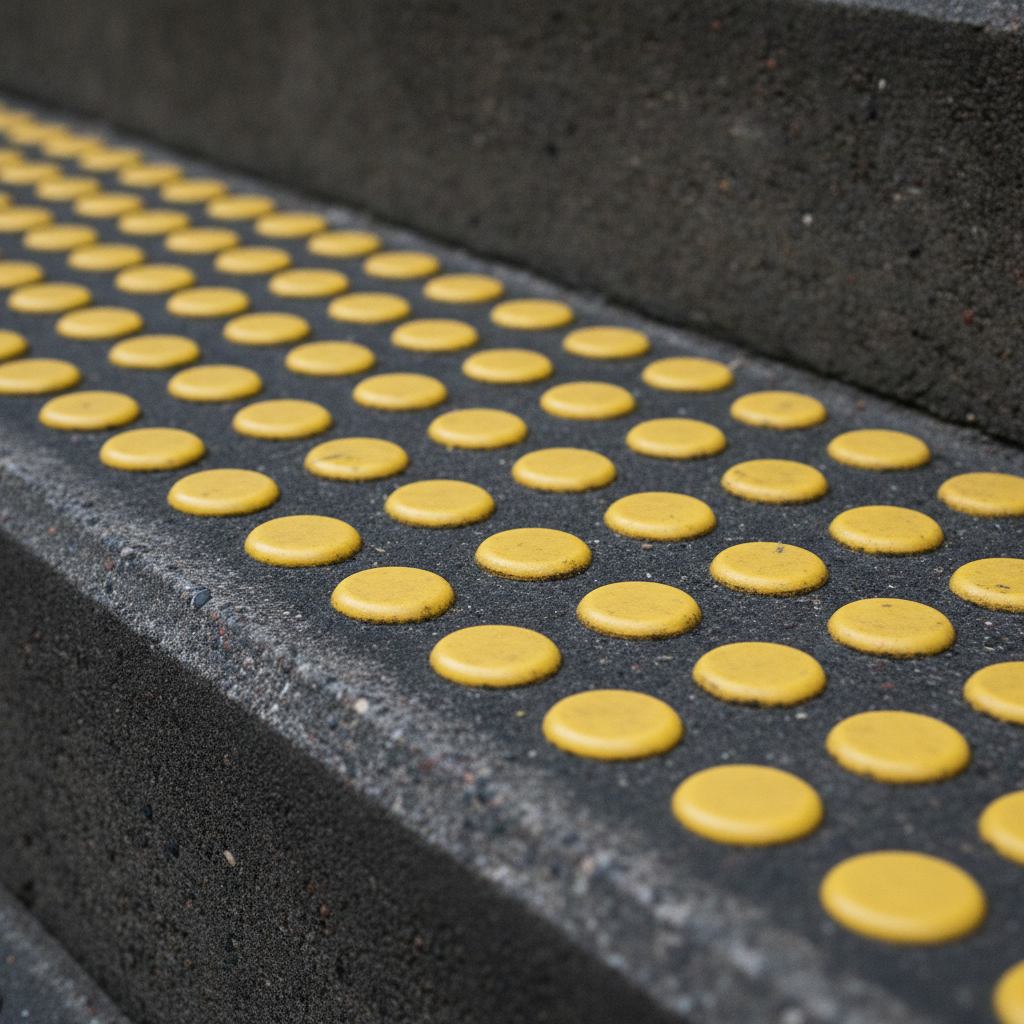 plots en relief d'une bande podotactile en haut d'un escalier