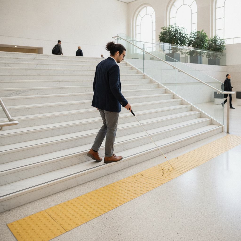 personne malvoyante avec canne devant un escalier equipe d'une bande podotactile