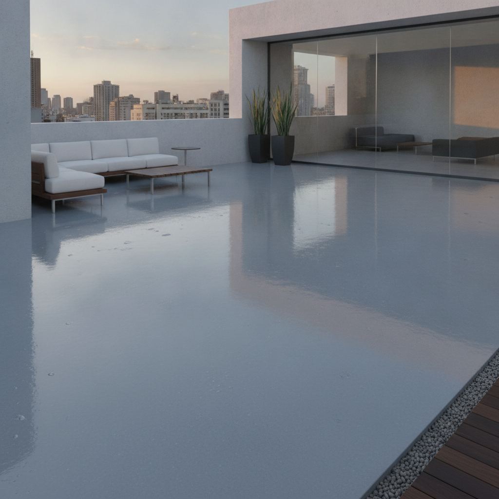 sol en résine époxy gris lisse sur une terrasse extérieure