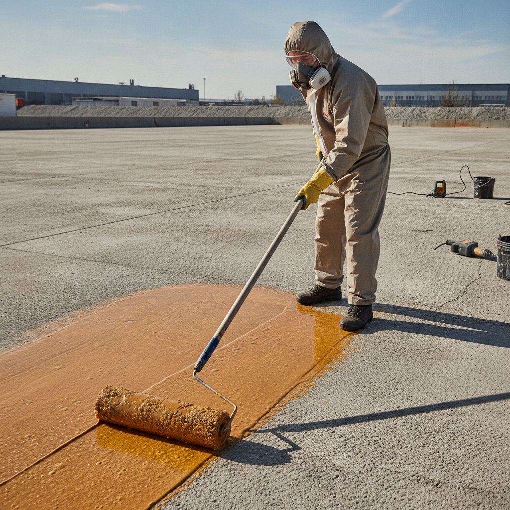applicateur étalant de la résine au rouleau sur un sol béton