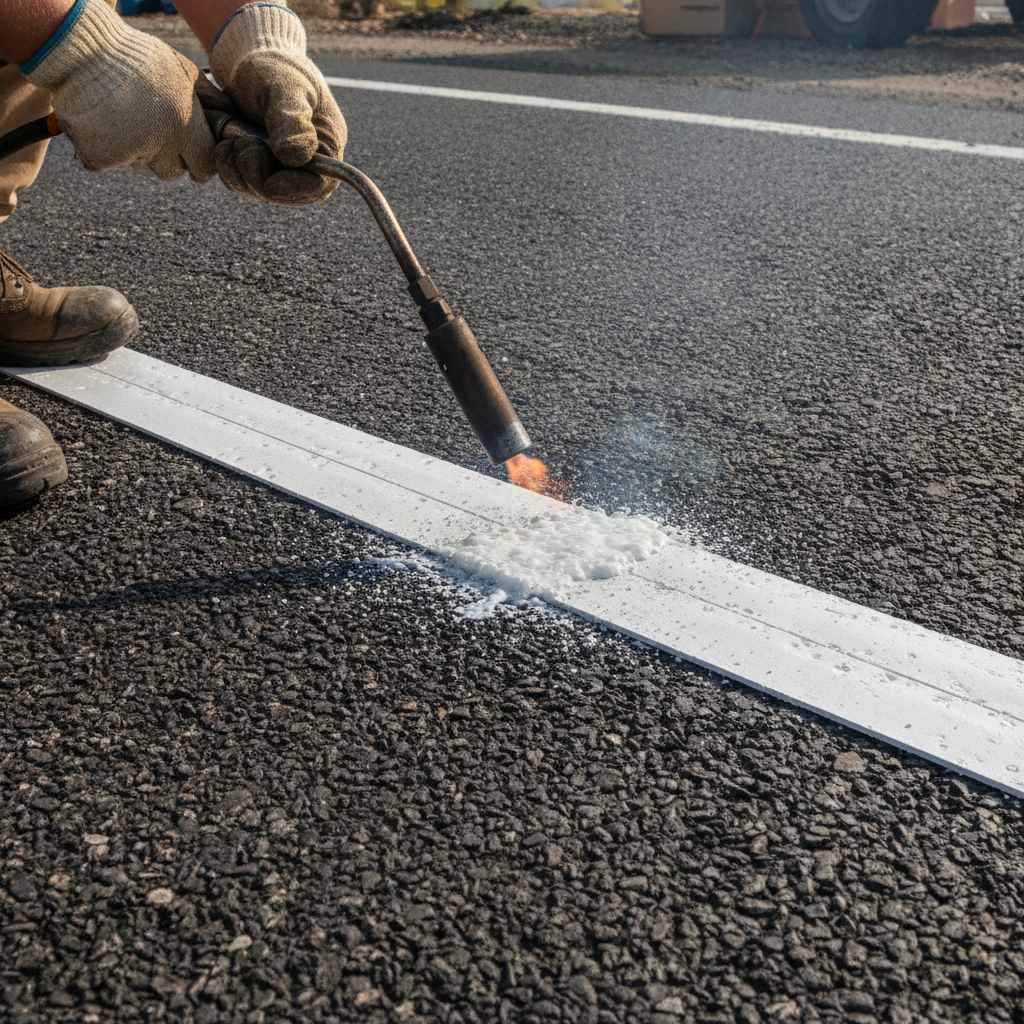 Pose de bandes thermoplastiques preformees au chalumeau sur enrobe