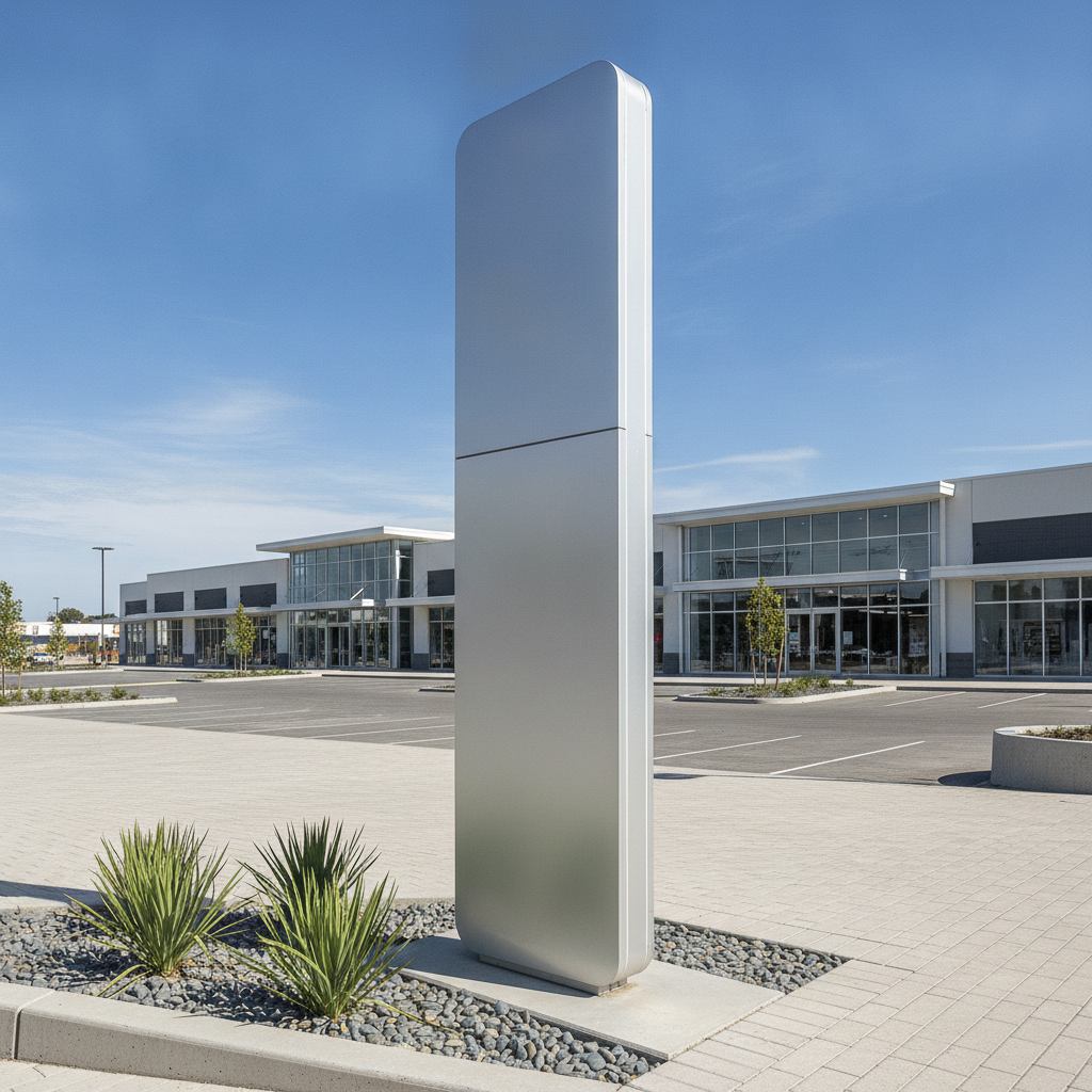 Totem signalétique en aluminium à l'entrée d'une zone commerciale