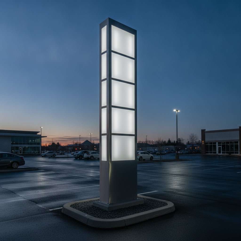 Totem signalétique lumineux rétroéclairé LED à la tombée de la nuit