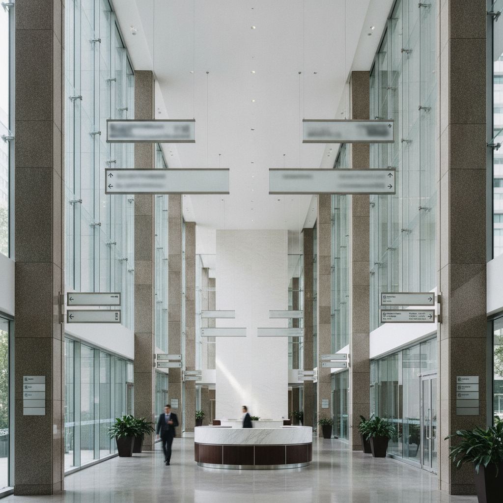 signalétique directionnelle intérieure entreprise dans un hall d'accueil moderne