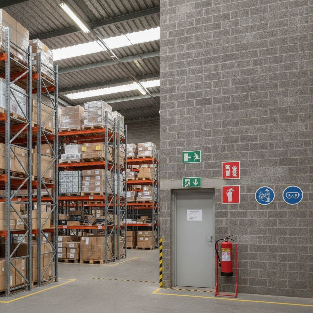 signalétique de sécurité et évacuation dans un entrepôt industriel