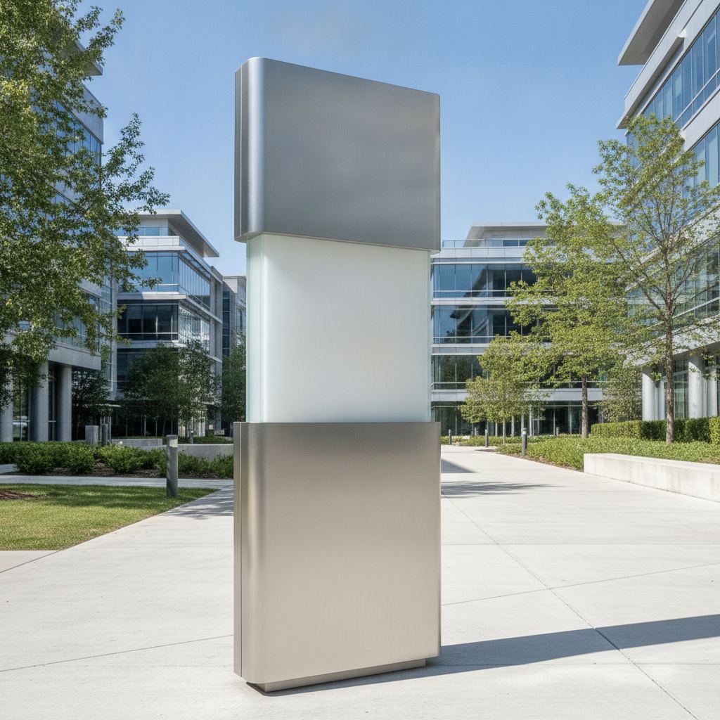 totem signalétique extérieur devant un parc d'activités professionnel