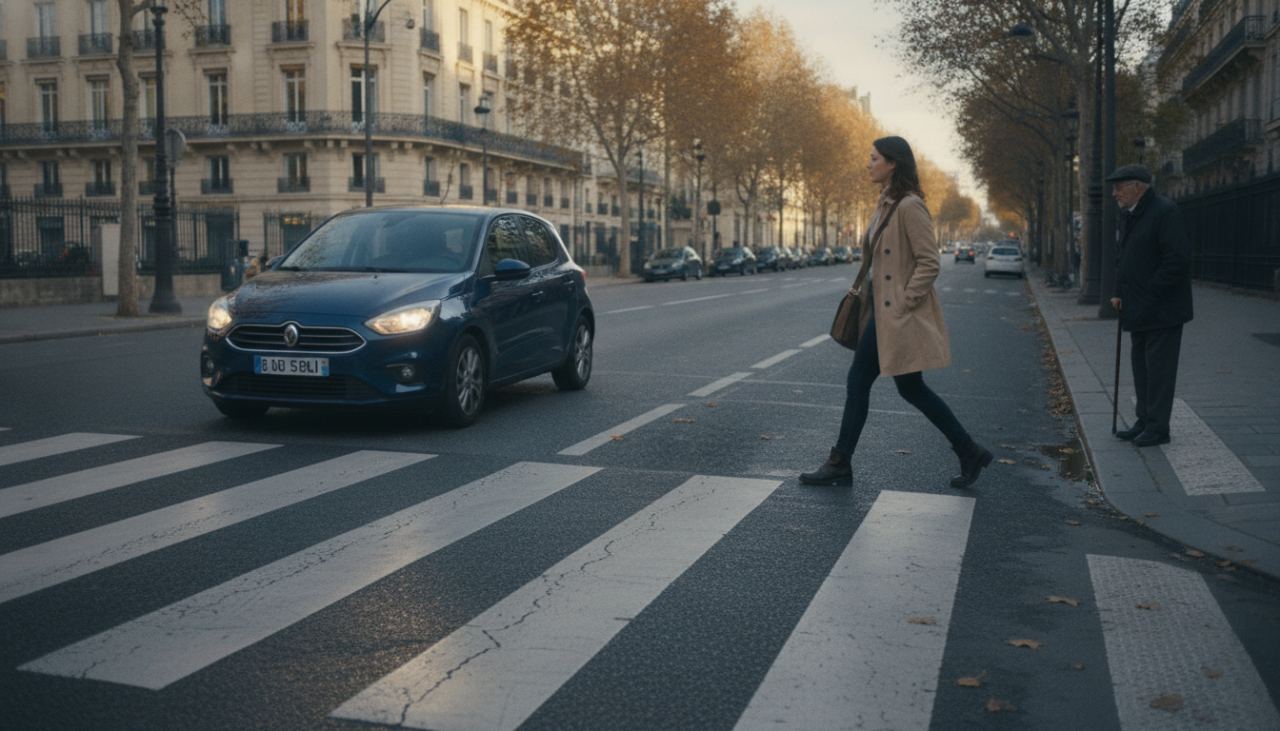 Passage piéton peint en bandes blanches sur une chaussée urbaine avec une voiture qui s'arrête pour laisser traverser un piéton