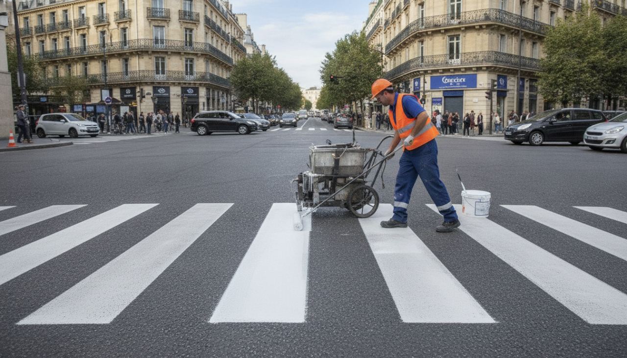 Applicateur repeignant les bandes blanches d'un passage piéton usé sur une rue de ville pour améliorer la visibilité