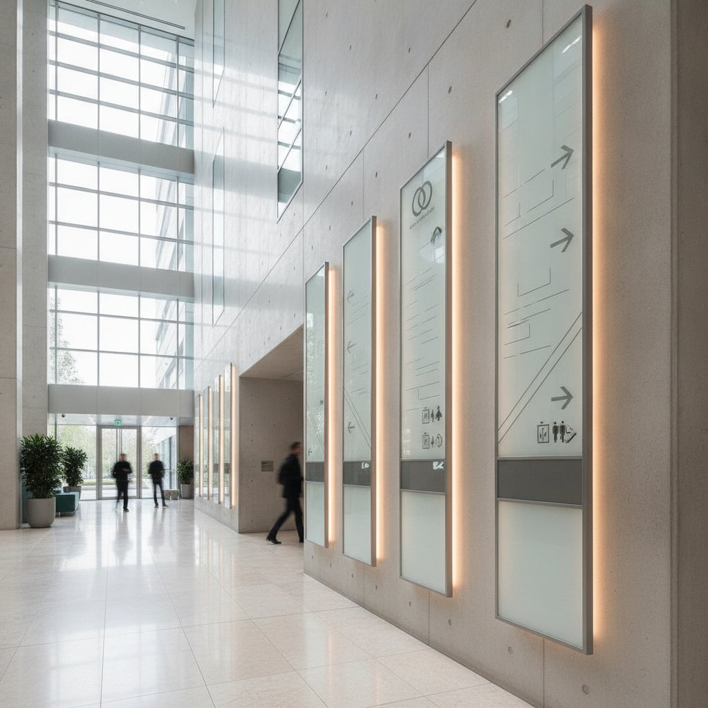Signaletique directionnelle dans un hall d'entreprise moderne
