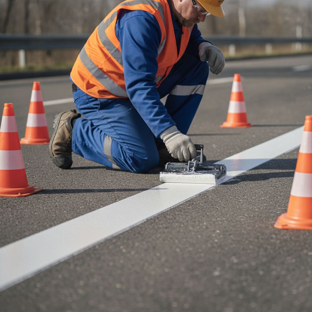 applicateur professionnel traçant une ligne de stop en résine blanche au sabot