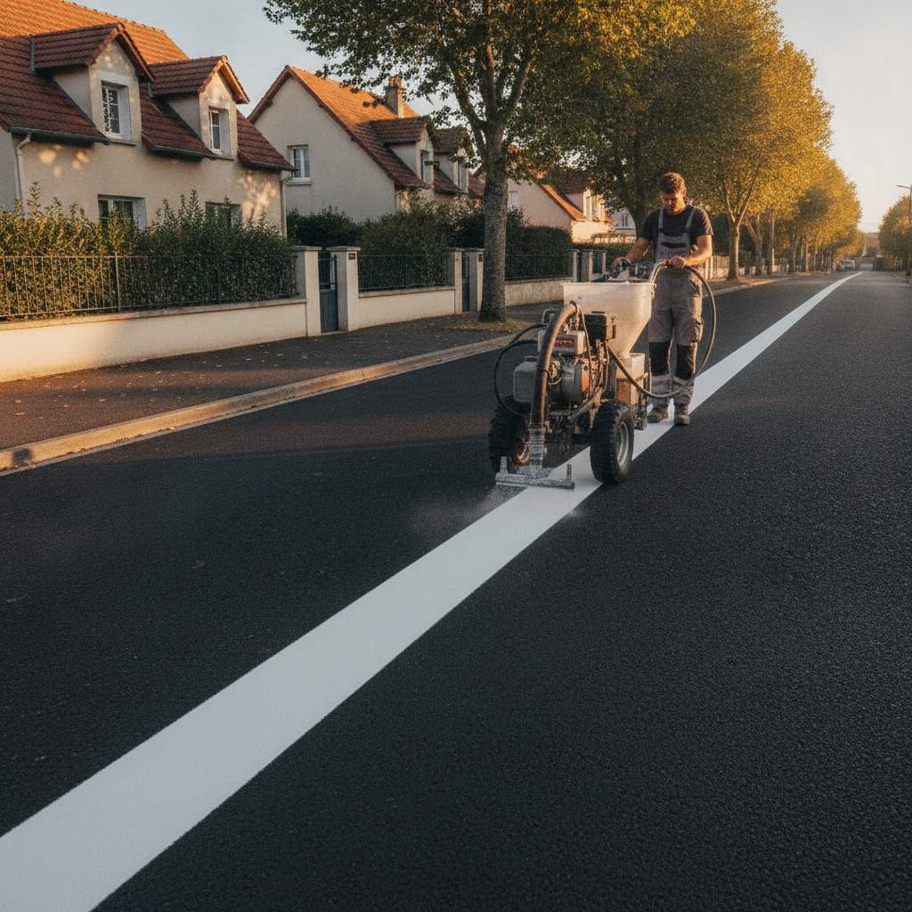 machine airless de marquage routier appliquant une bande blanche sur enrobé