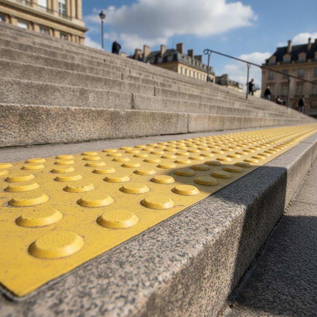 Bande podotactile jaune en haut d'un escalier extérieur pour la sécurité des personnes malvoyantes