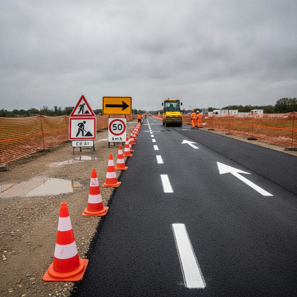 Panneaux de signalisation de sécurité temporaire sur un chantier de voirie avec marquage au sol