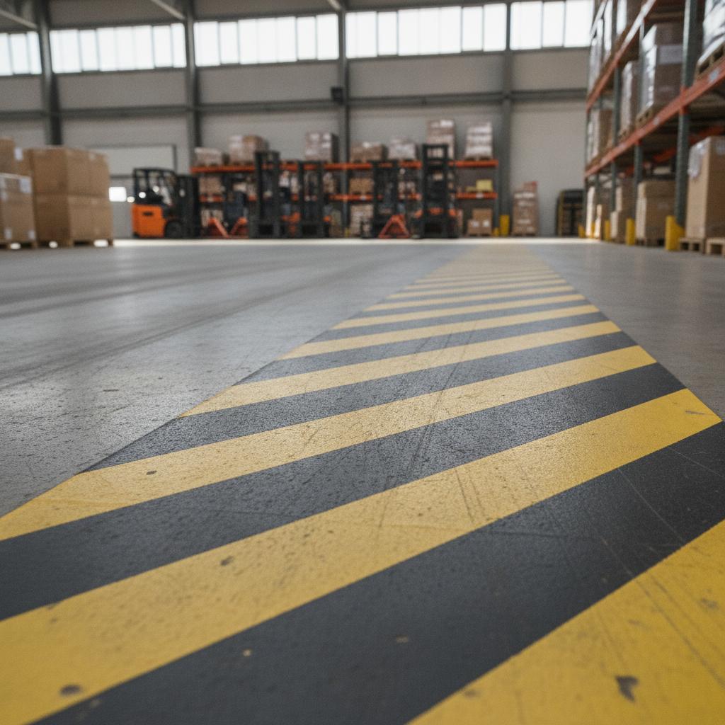 Marquage au sol jaune et noir délimitant une zone de circulation en entrepôt