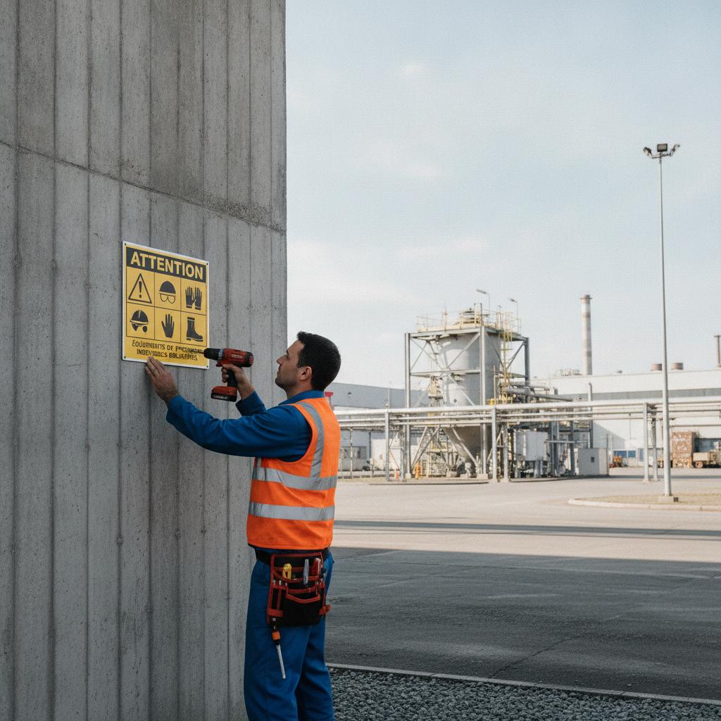 Technicien posant un panneau de signalétique de sécurité normé sur un site industriel