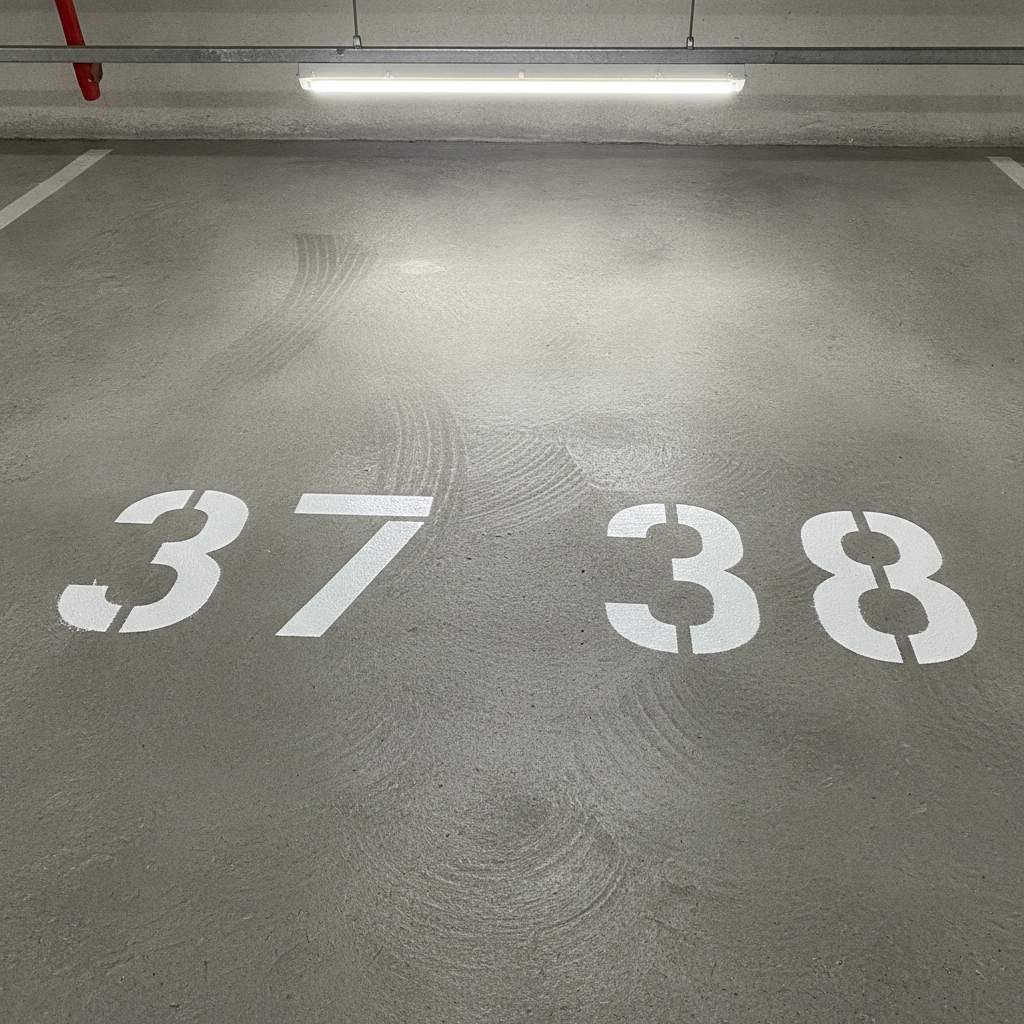 Numéros de places de parking peints au pochoir sur béton en parking souterrain